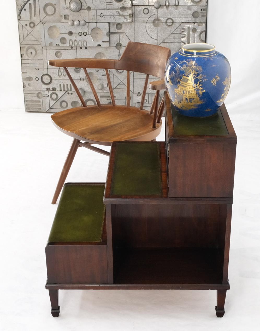 EstablishedLines English Green Leather & Mahogany Step Side End Table Stand Cabinet Bookcase