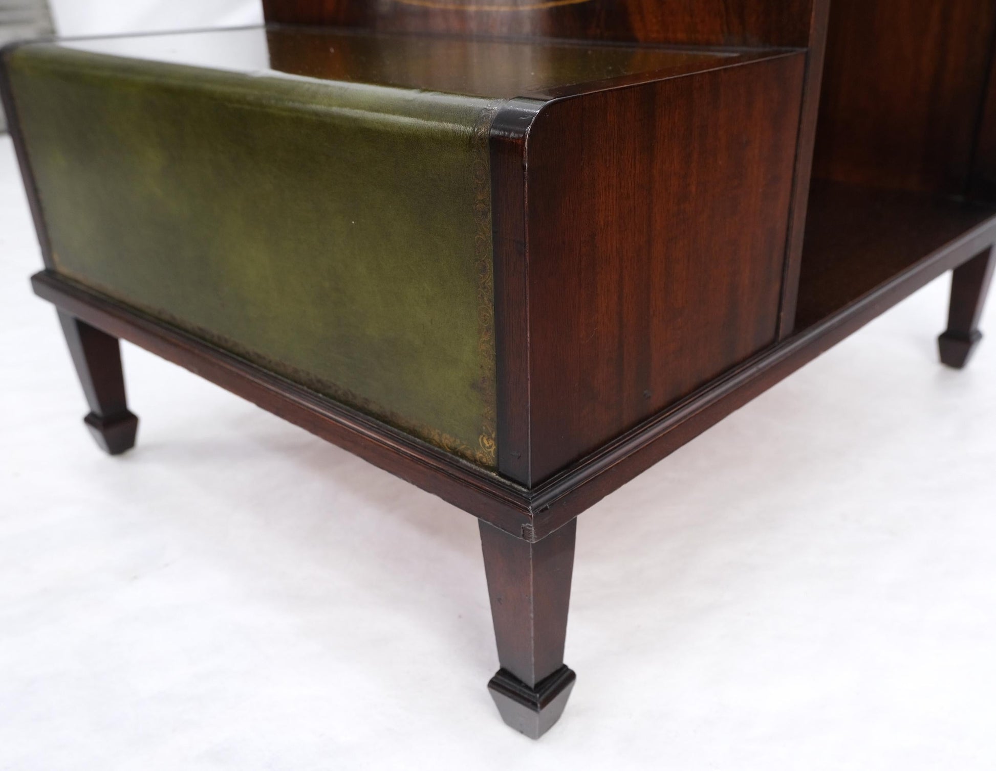 EstablishedLines English Green Leather & Mahogany Step Side End Table Stand Cabinet Bookcase