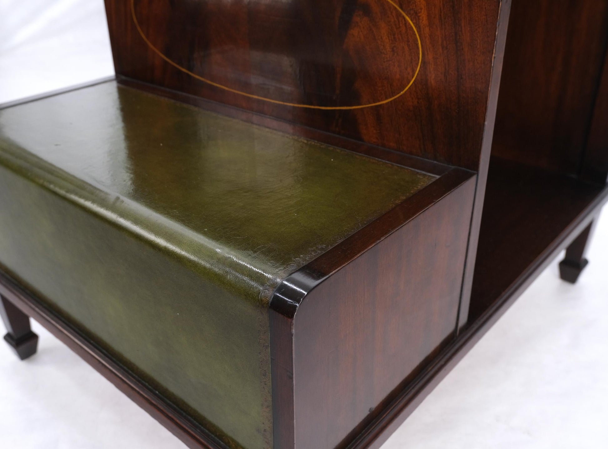 EstablishedLines English Green Leather & Mahogany Step Side End Table Stand Cabinet Bookcase