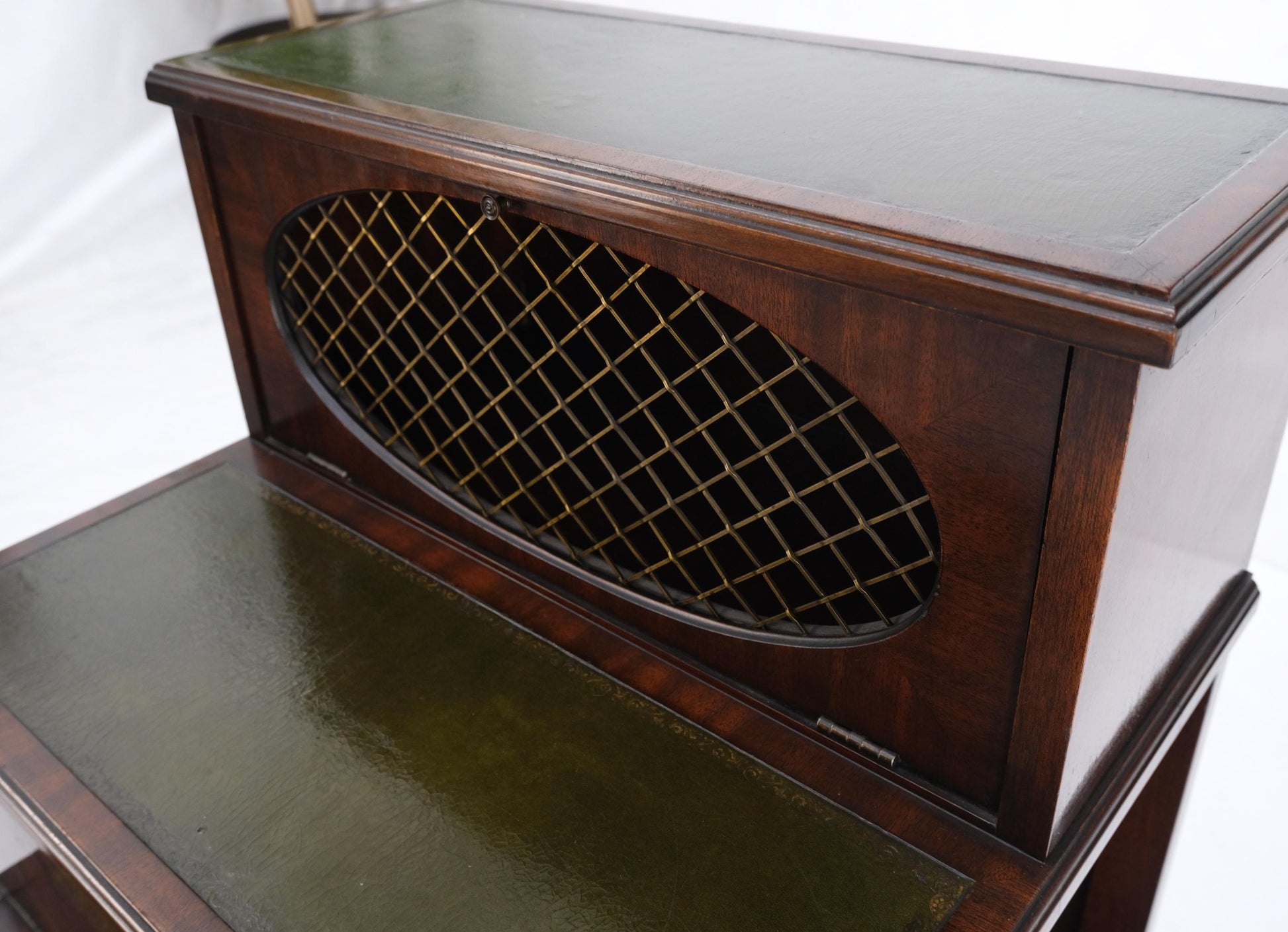EstablishedLines English Green Leather & Mahogany Step Side End Table Stand Cabinet Bookcase