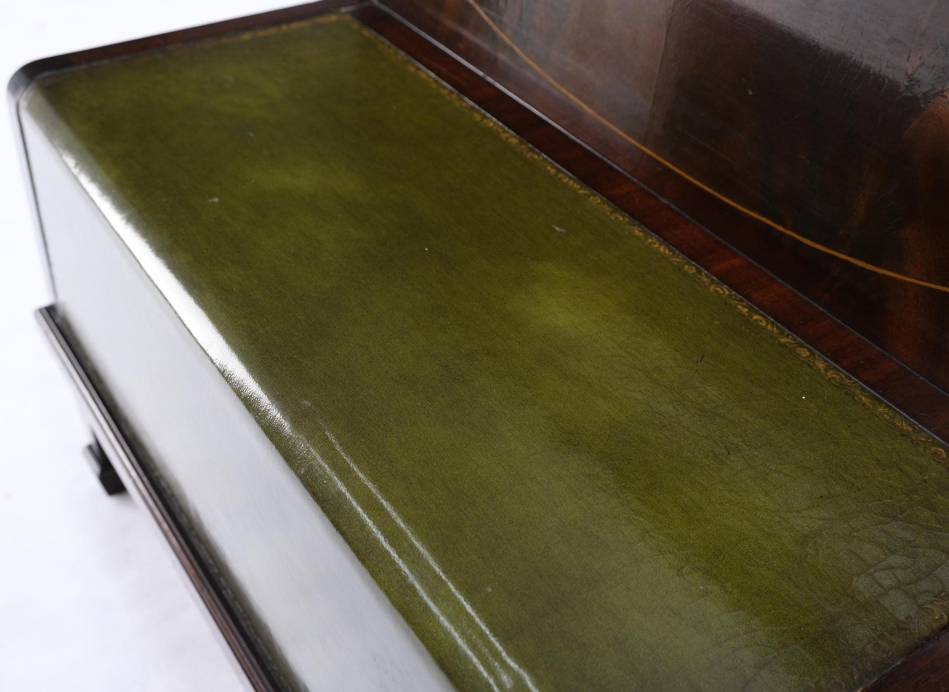 EstablishedLines English Green Leather & Mahogany Step Side End Table Stand Cabinet Bookcase