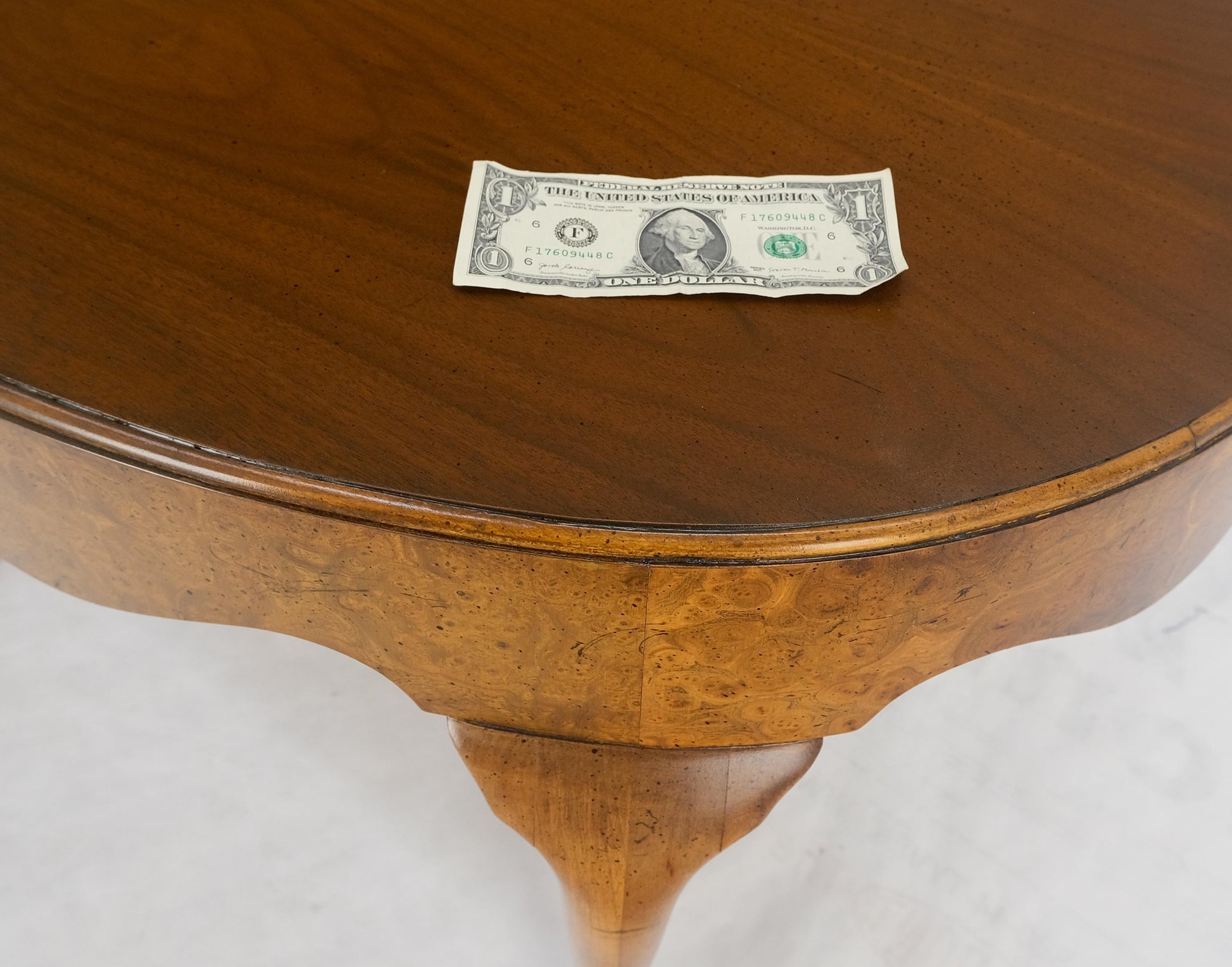 EstablishedLines Baker Oval Walnut Top Burl Base Thick Queen Ann Leg Coffee Side Occasional Table