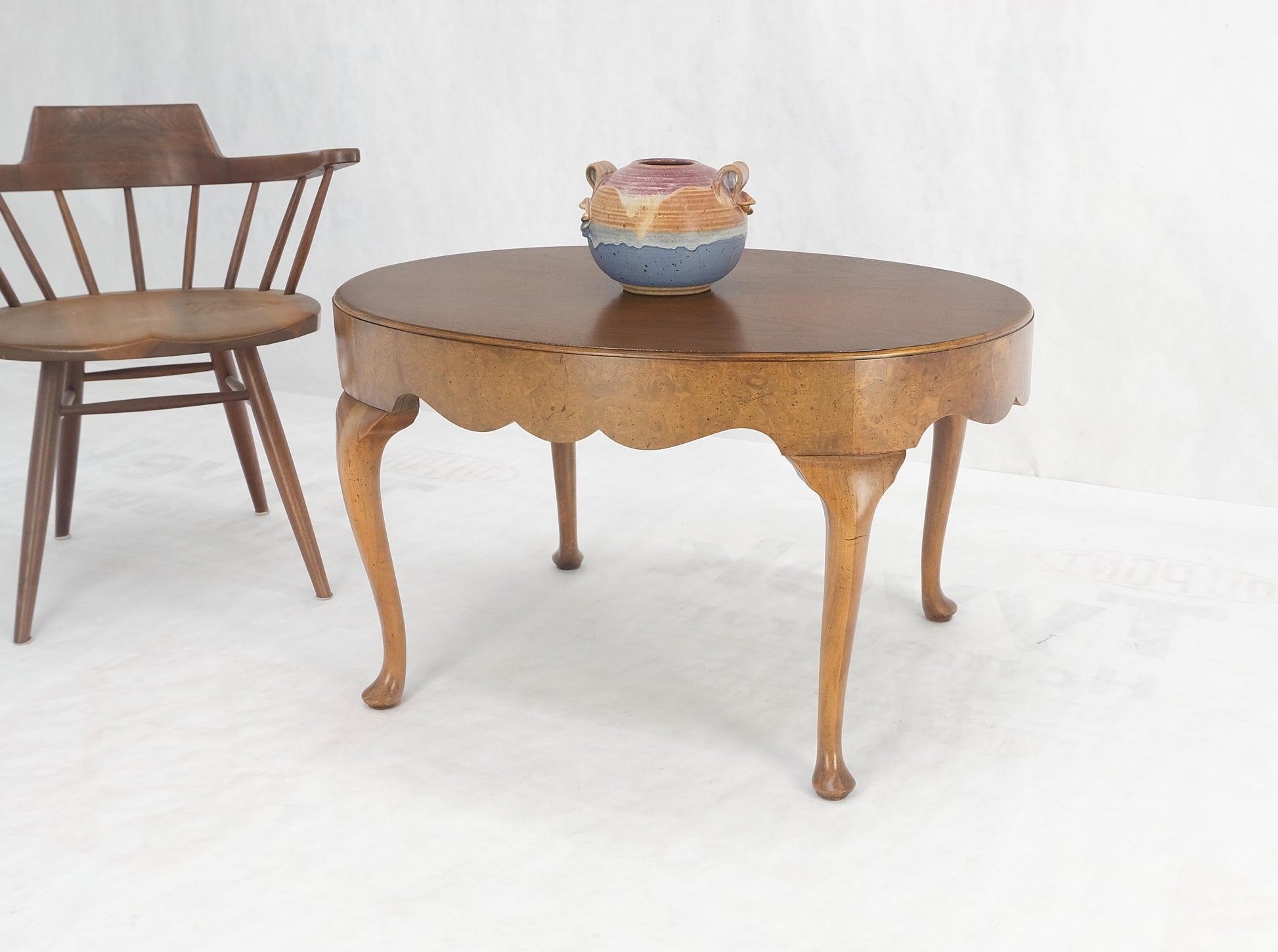 EstablishedLines Baker Oval Walnut Top Burl Base Thick Queen Ann Leg Coffee Side Occasional Table
