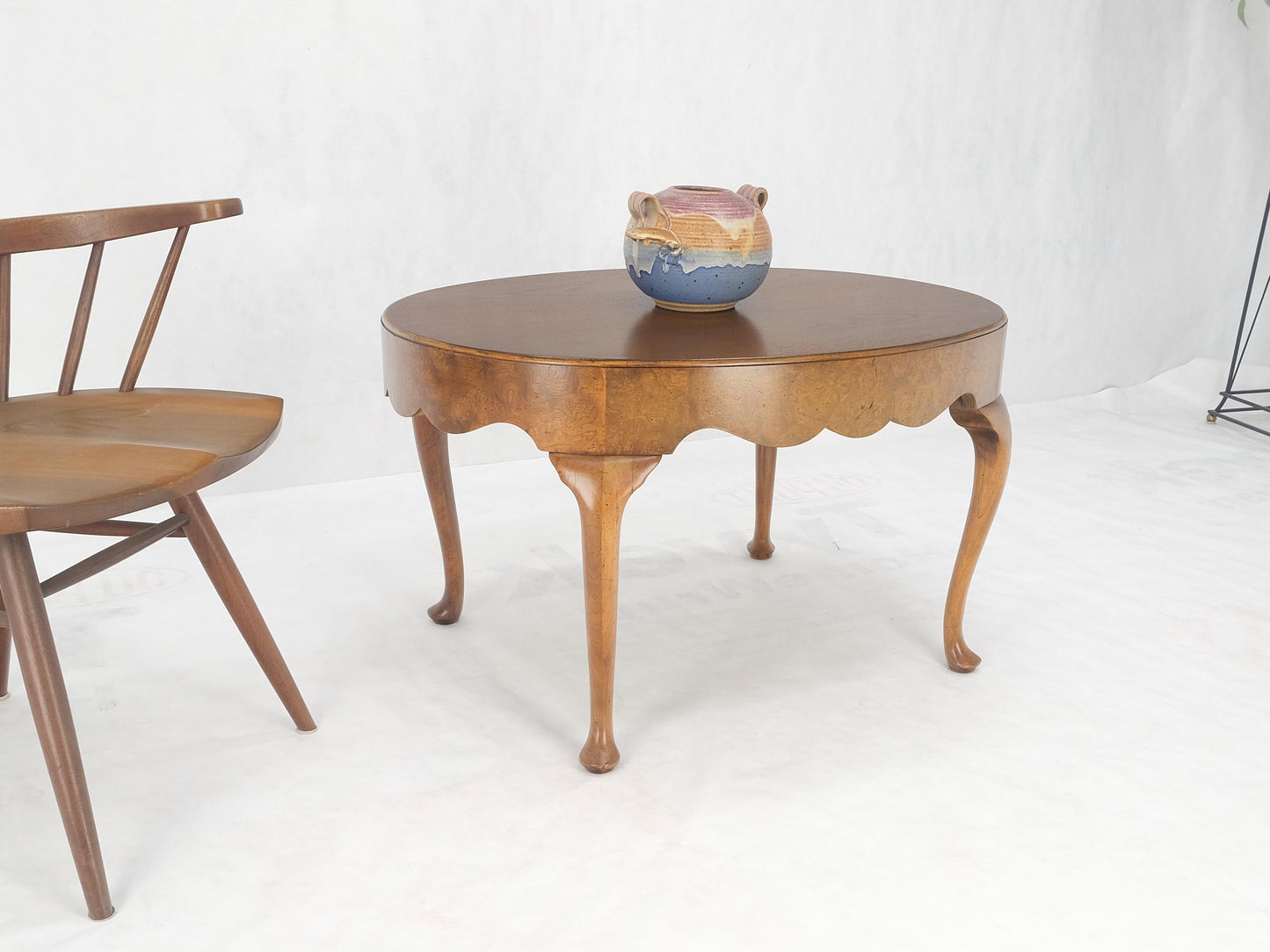 EstablishedLines Baker Oval Walnut Top Burl Base Thick Queen Ann Leg Coffee Side Occasional Table