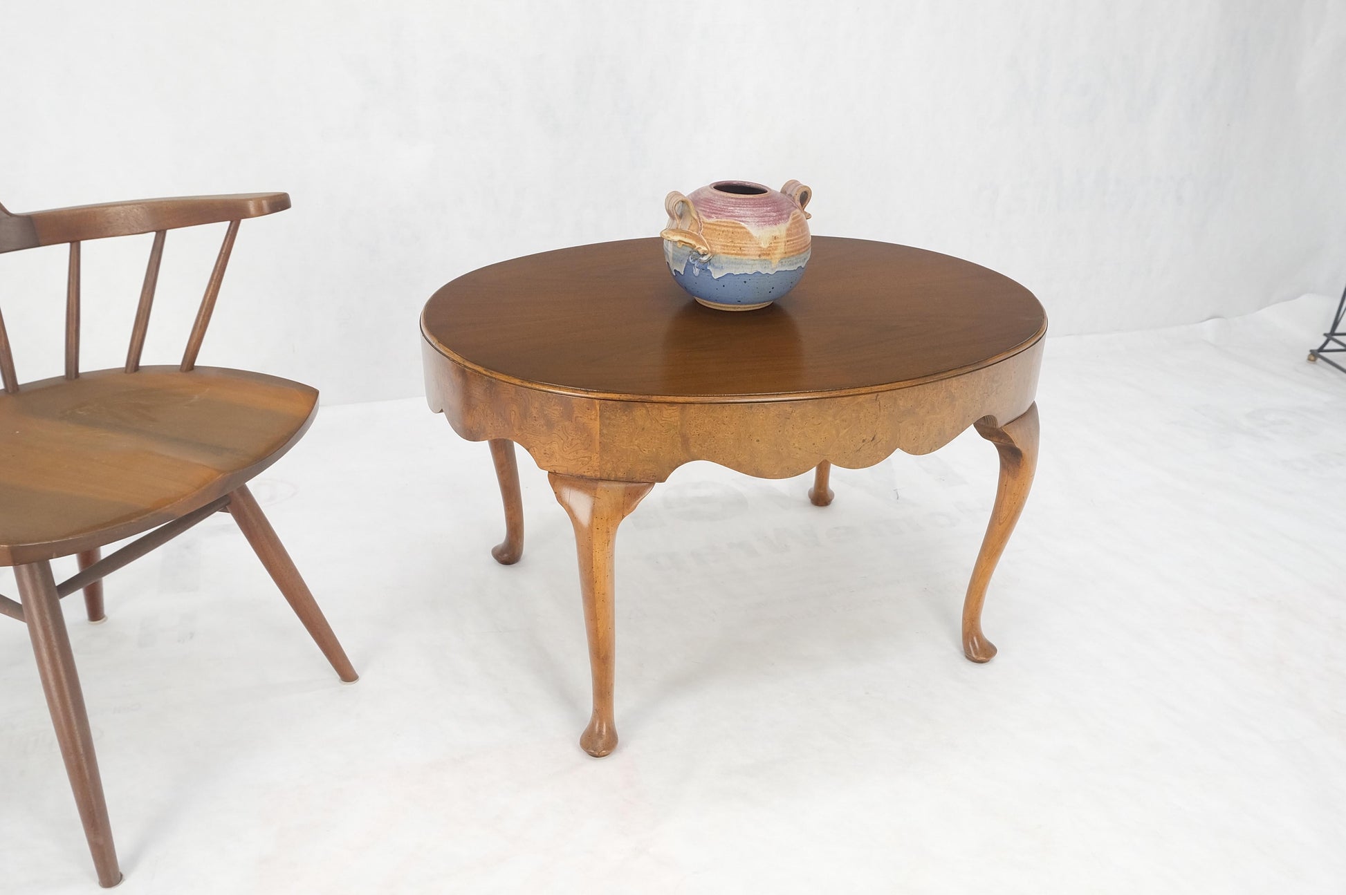 EstablishedLines Baker Oval Walnut Top Burl Base Thick Queen Ann Leg Coffee Side Occasional Table