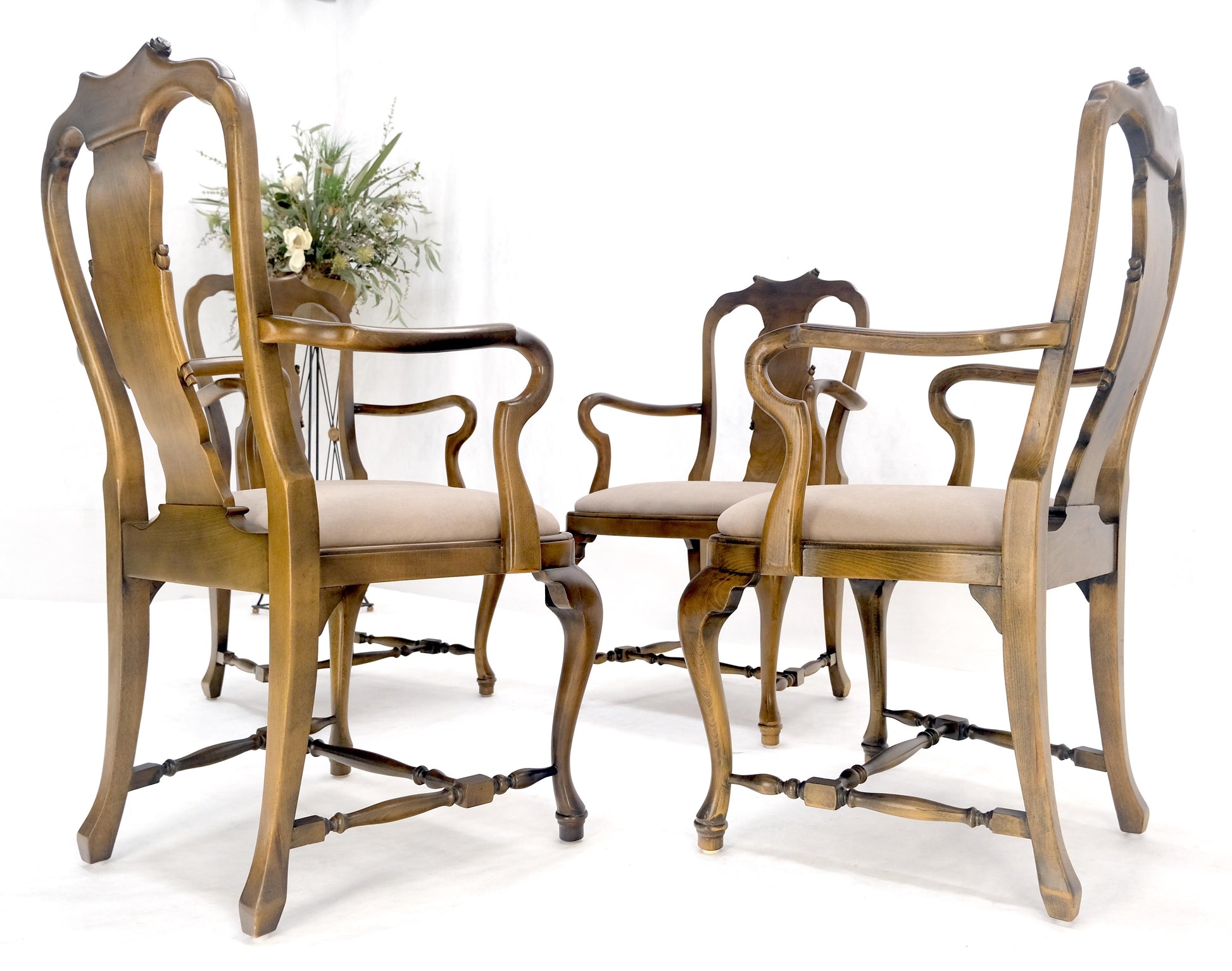 EstablishedLines Set of 4 Cherry Queen Ann New Alcantara  Suede Upholstery Dining Arm Chairs MINT