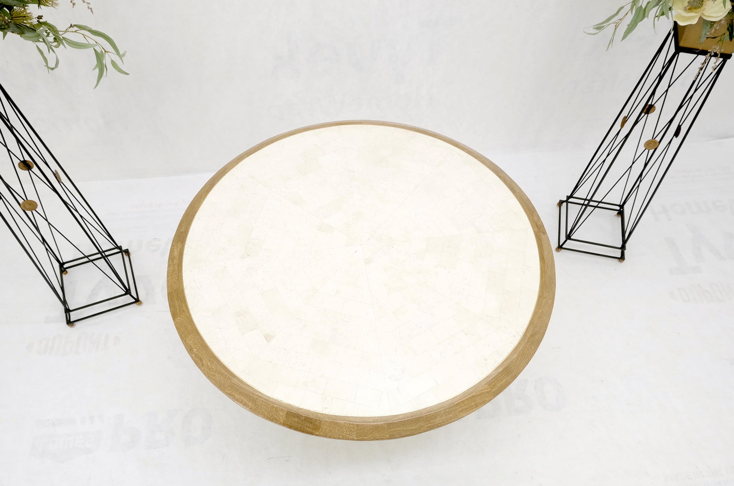 EstablishedLines Round Travertine Tile Brass Inlay Cylinder Base Dining Conference Table Mint!