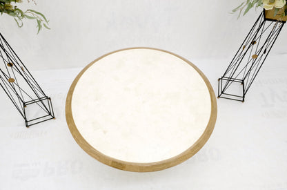 EstablishedLines Round Travertine Tile Brass Inlay Cylinder Base Dining Conference Table Mint!
