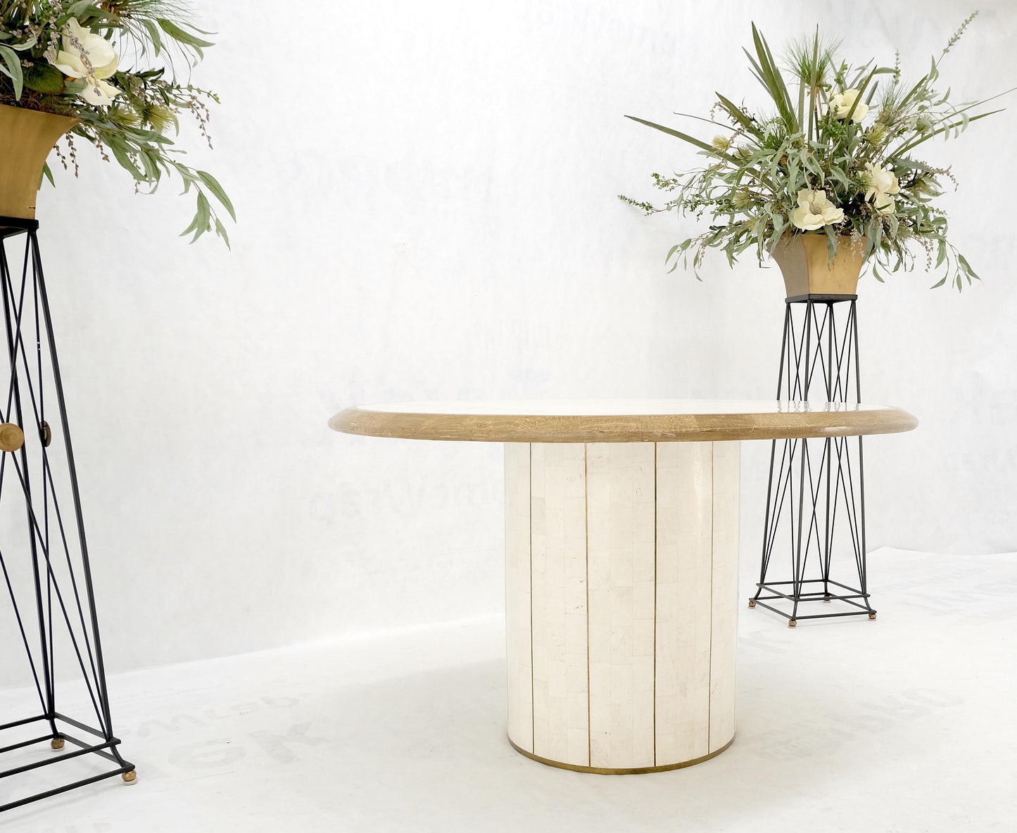 EstablishedLines Round Travertine Tile Brass Inlay Cylinder Base Dining Conference Table Mint!