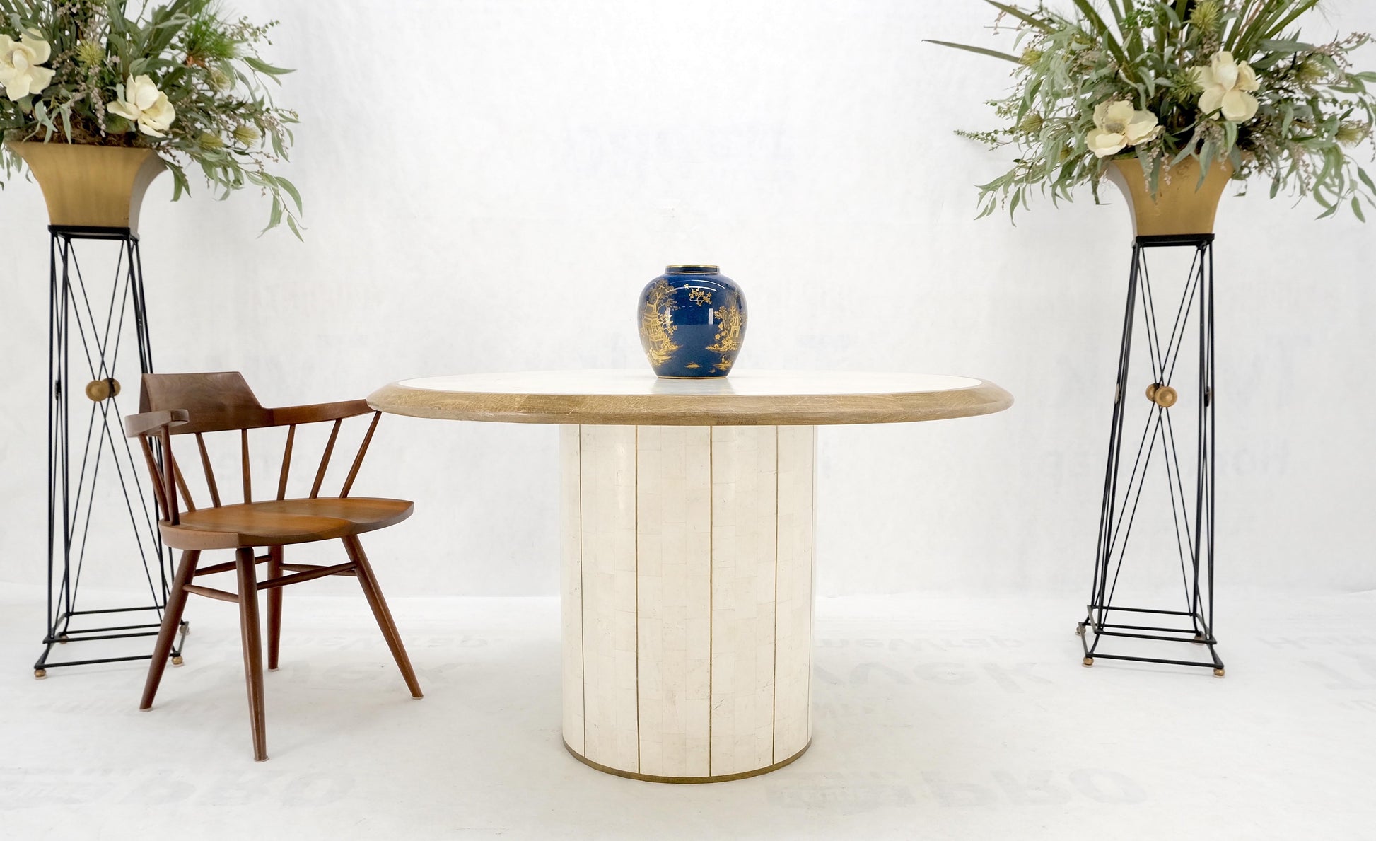 EstablishedLines Round Travertine Tile Brass Inlay Cylinder Base Dining Conference Table Mint!
