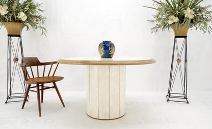 EstablishedLines Round Travertine Tile Brass Inlay Cylinder Base Dining Conference Table Mint!