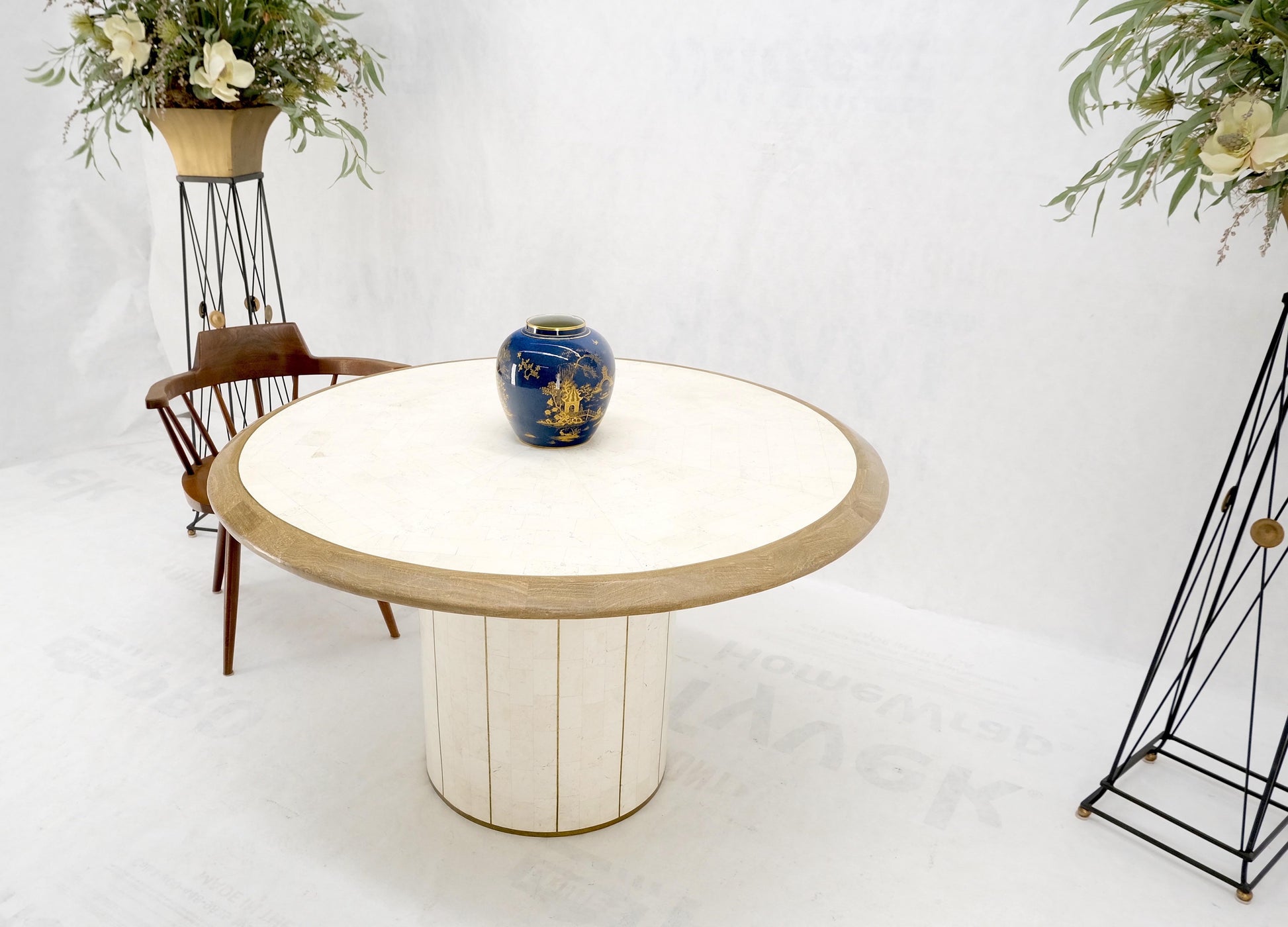EstablishedLines Round Travertine Tile Brass Inlay Cylinder Base Dining Conference Table Mint!