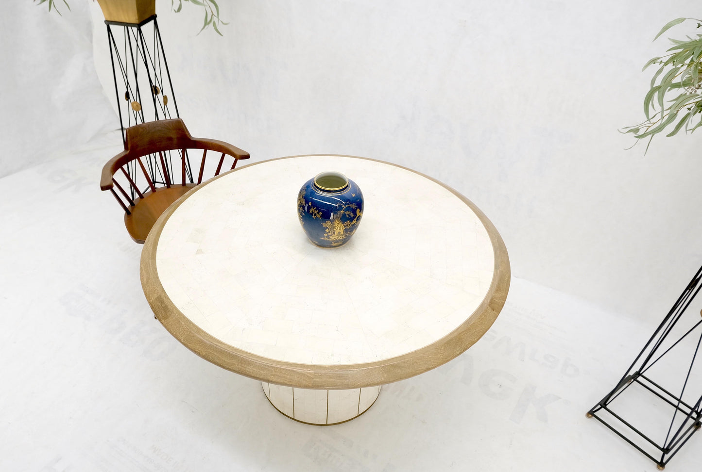 EstablishedLines Round Travertine Tile Brass Inlay Cylinder Base Dining Conference Table Mint!
