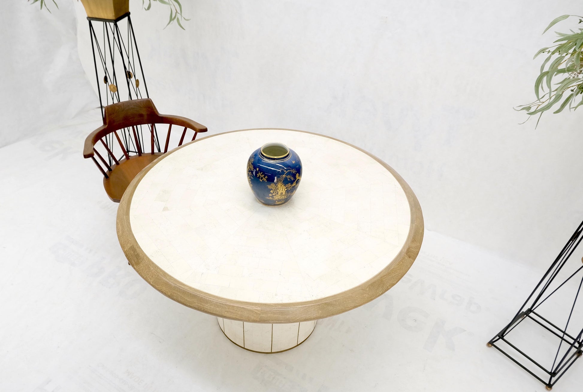 EstablishedLines Round Travertine Tile Brass Inlay Cylinder Base Dining Conference Table Mint!