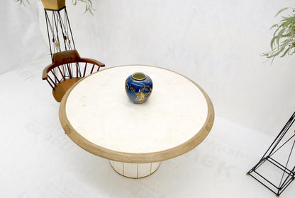 EstablishedLines Round Travertine Tile Brass Inlay Cylinder Base Dining Conference Table Mint!