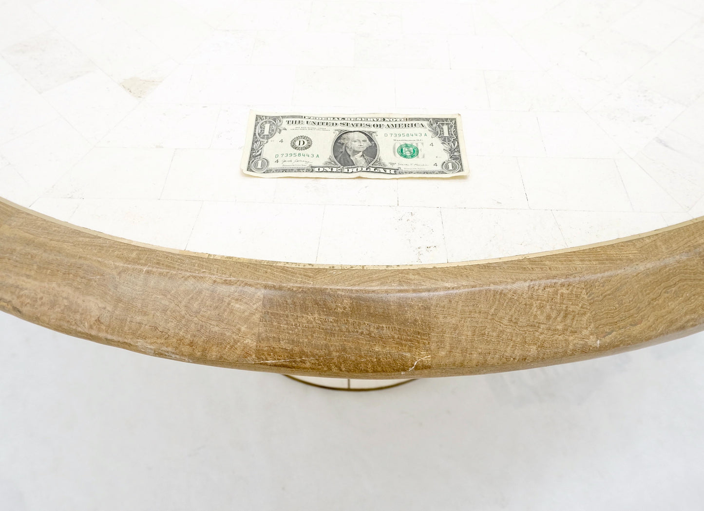 EstablishedLines Round Travertine Tile Brass Inlay Cylinder Base Dining Conference Table Mint!