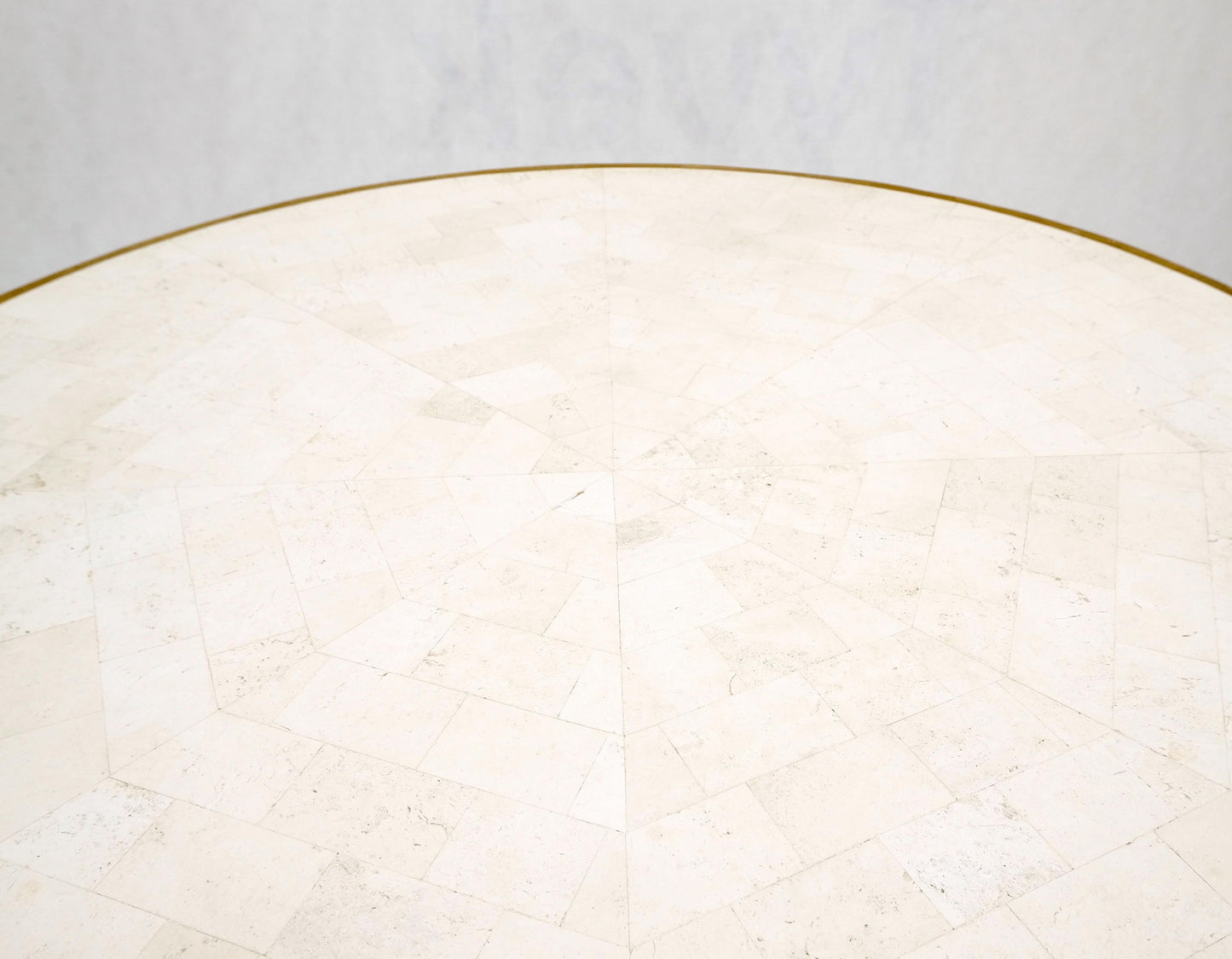EstablishedLines Round Travertine Tile Brass Inlay Cylinder Base Dining Conference Table Mint!