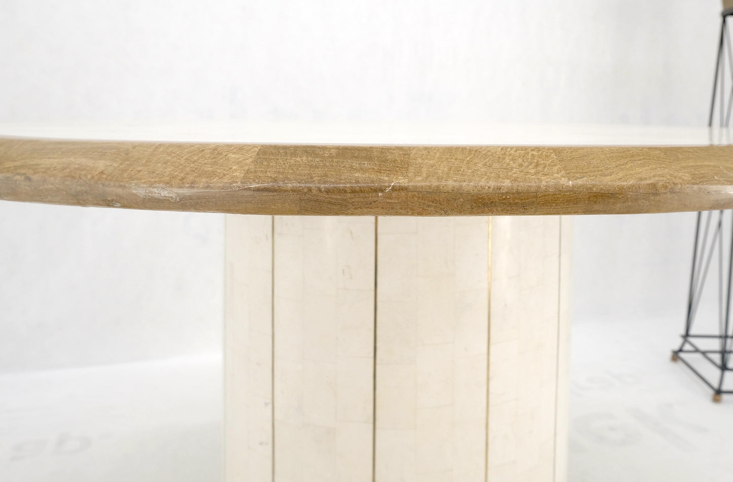 EstablishedLines Round Travertine Tile Brass Inlay Cylinder Base Dining Conference Table Mint!