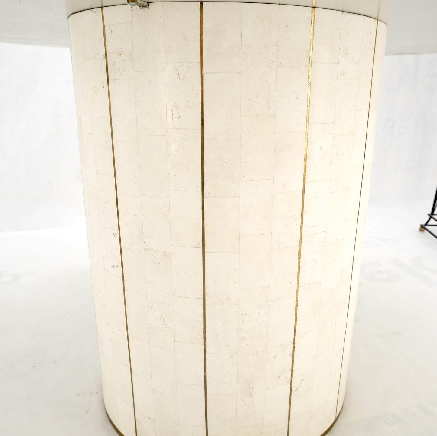 EstablishedLines Round Travertine Tile Brass Inlay Cylinder Base Dining Conference Table Mint!