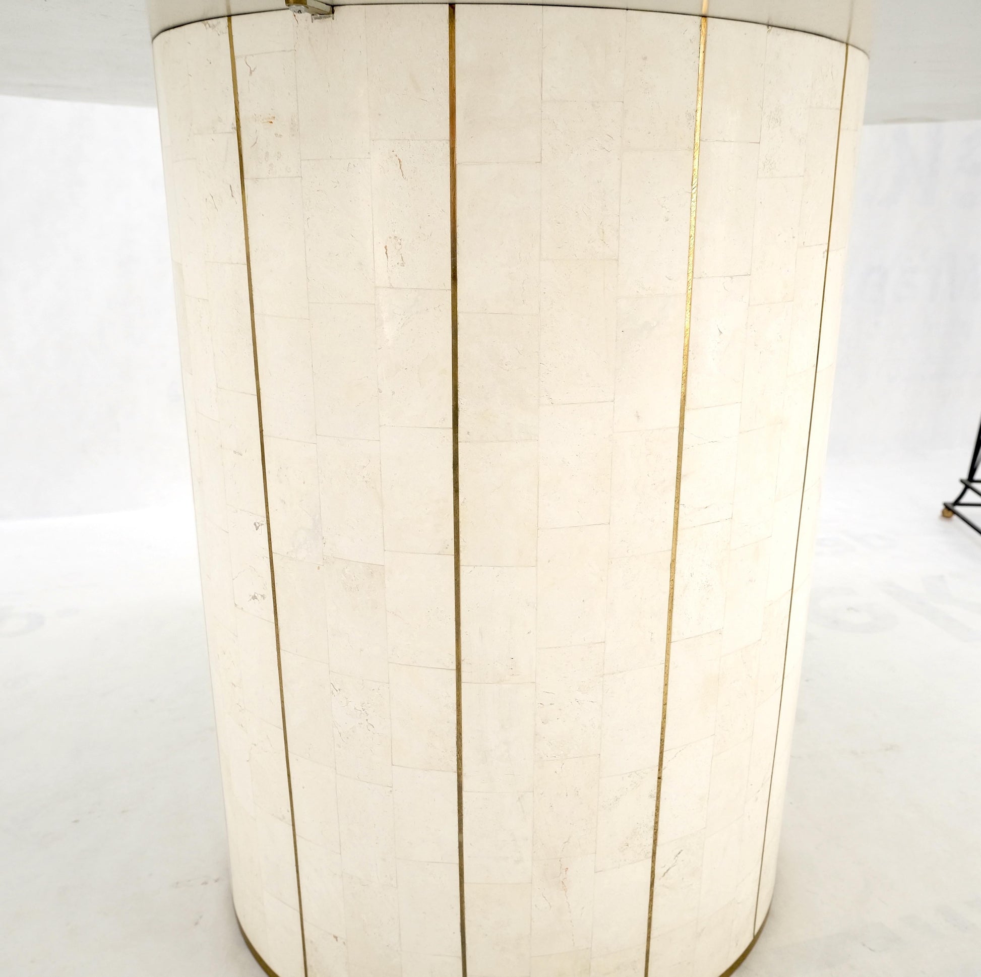 EstablishedLines Round Travertine Tile Brass Inlay Cylinder Base Dining Conference Table Mint!