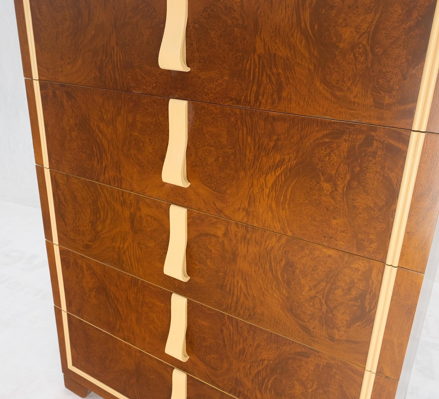 EstablishedLines Restored Art Deco Mid Century Burl Wood 5 Drawers Tall High Chest Dresser MINT!
