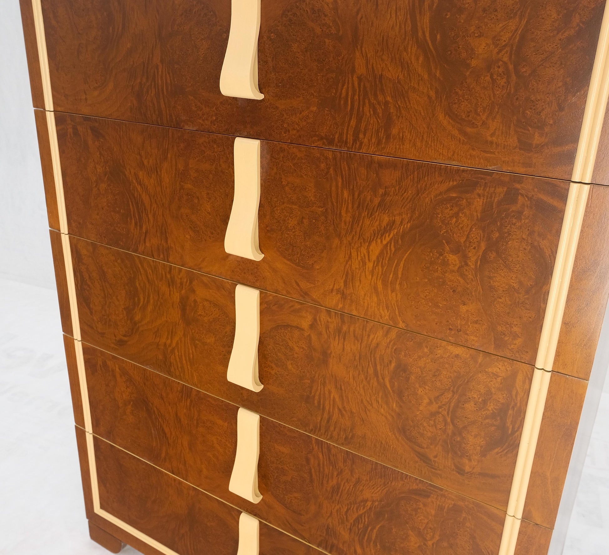 EstablishedLines Restored Art Deco Mid Century Burl Wood 5 Drawers Tall High Chest Dresser MINT!