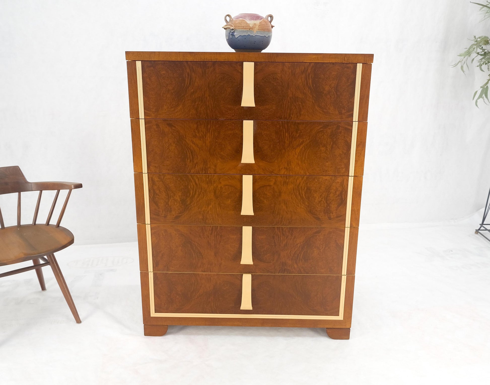EstablishedLines Restored Art Deco Mid Century Burl Wood 5 Drawers Tall High Chest Dresser MINT!