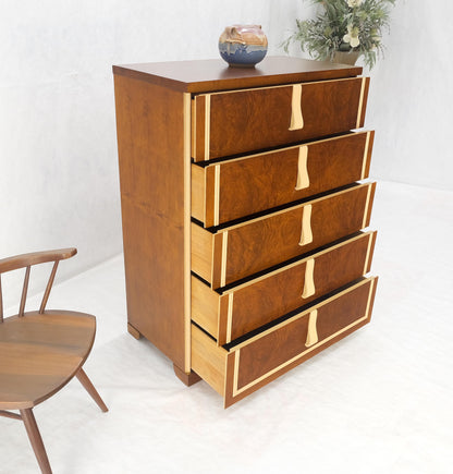 EstablishedLines Restored Art Deco Mid Century Burl Wood 5 Drawers Tall High Chest Dresser MINT!