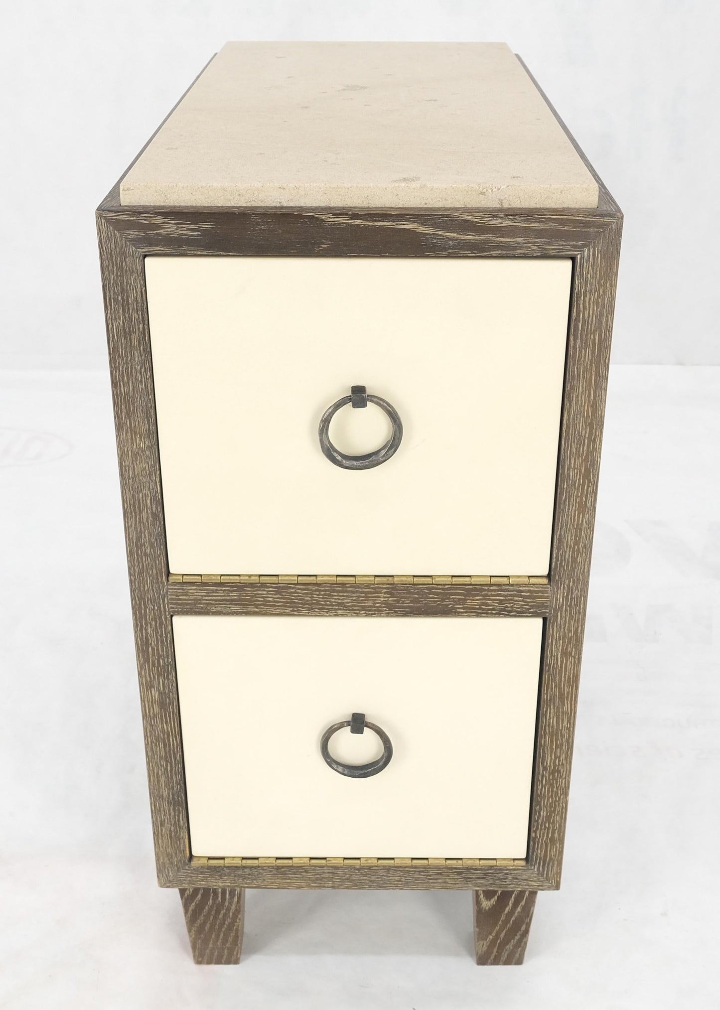 Travertine Top Cerused Drop Front Doors Compartments Night Stand End Table MINT