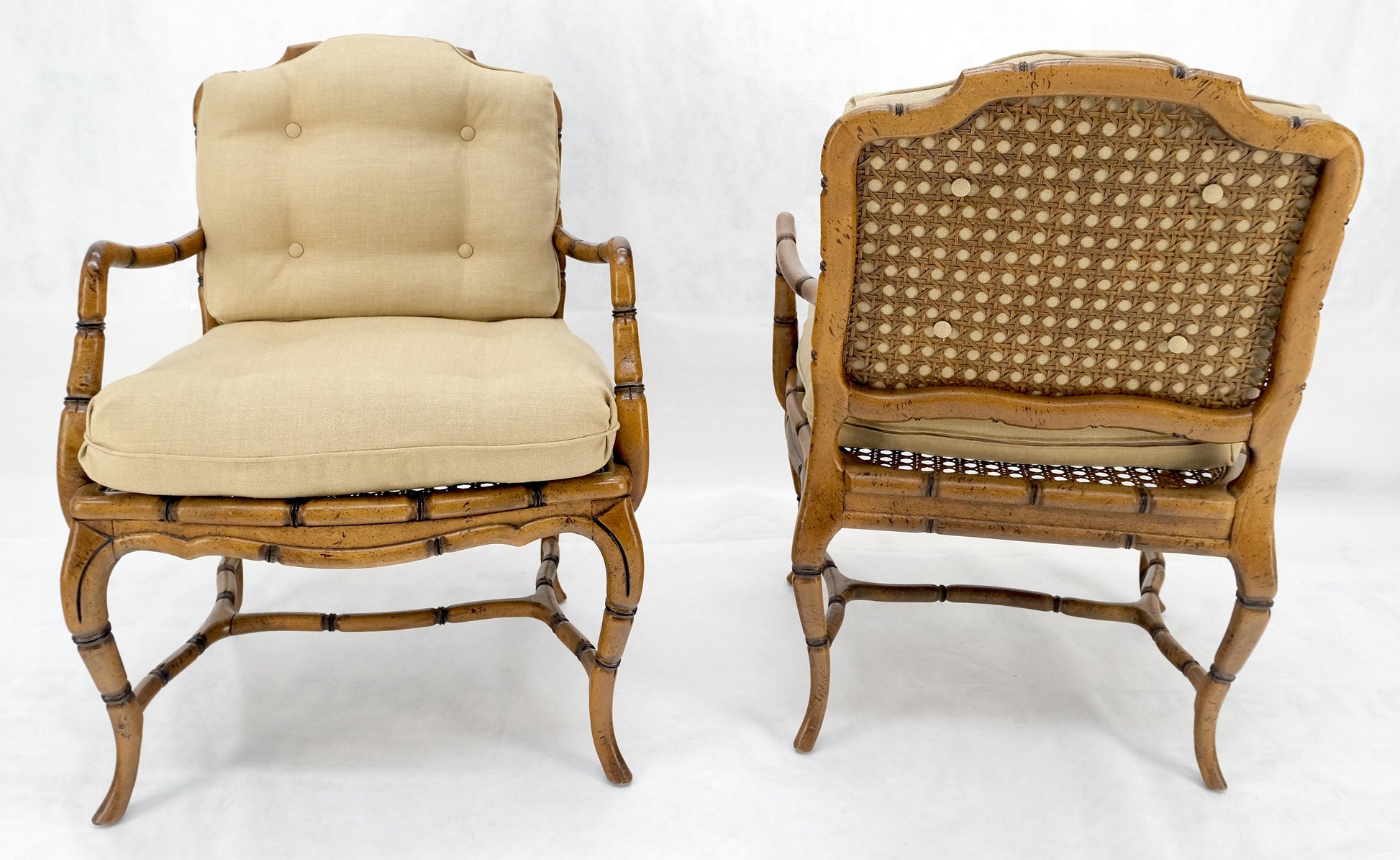 EstablishedLines Faux Bamboo Horn Shape Legs New Linen Upholstery Lounge Chairs MINT!