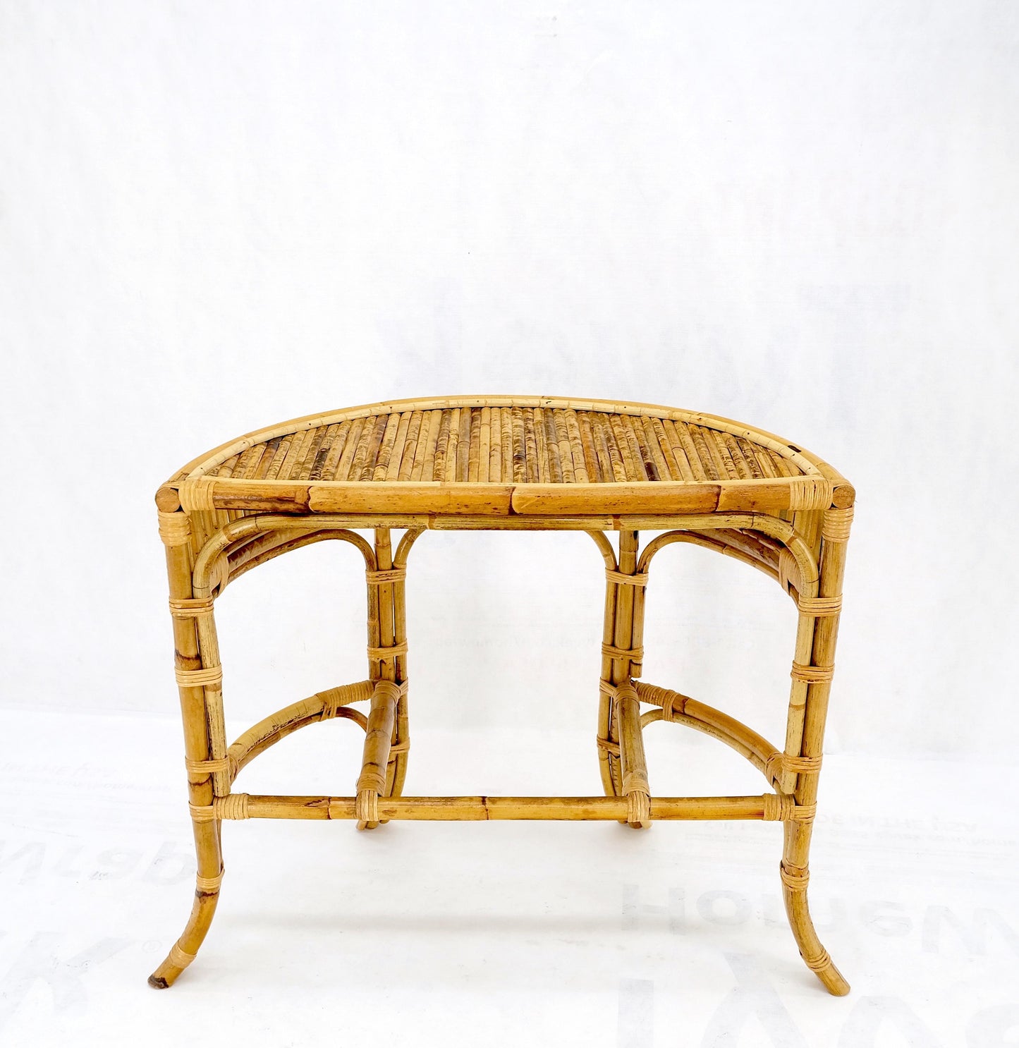 Vintage 1970s Bamboo Rattan Demilune Mid-Century Modern Console Sofa Table Mint