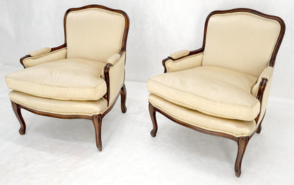 EstablishedLines Pair Down Filled Cushions Silk Like Upholstery Carved Legs French Lounge Chairs
