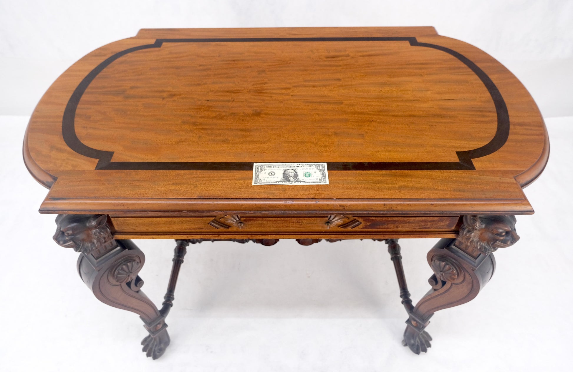 EstablishedLines Carved Lion Face & Foot Legs Renaissance Revival Inlaid Walnut Center Table MINT
