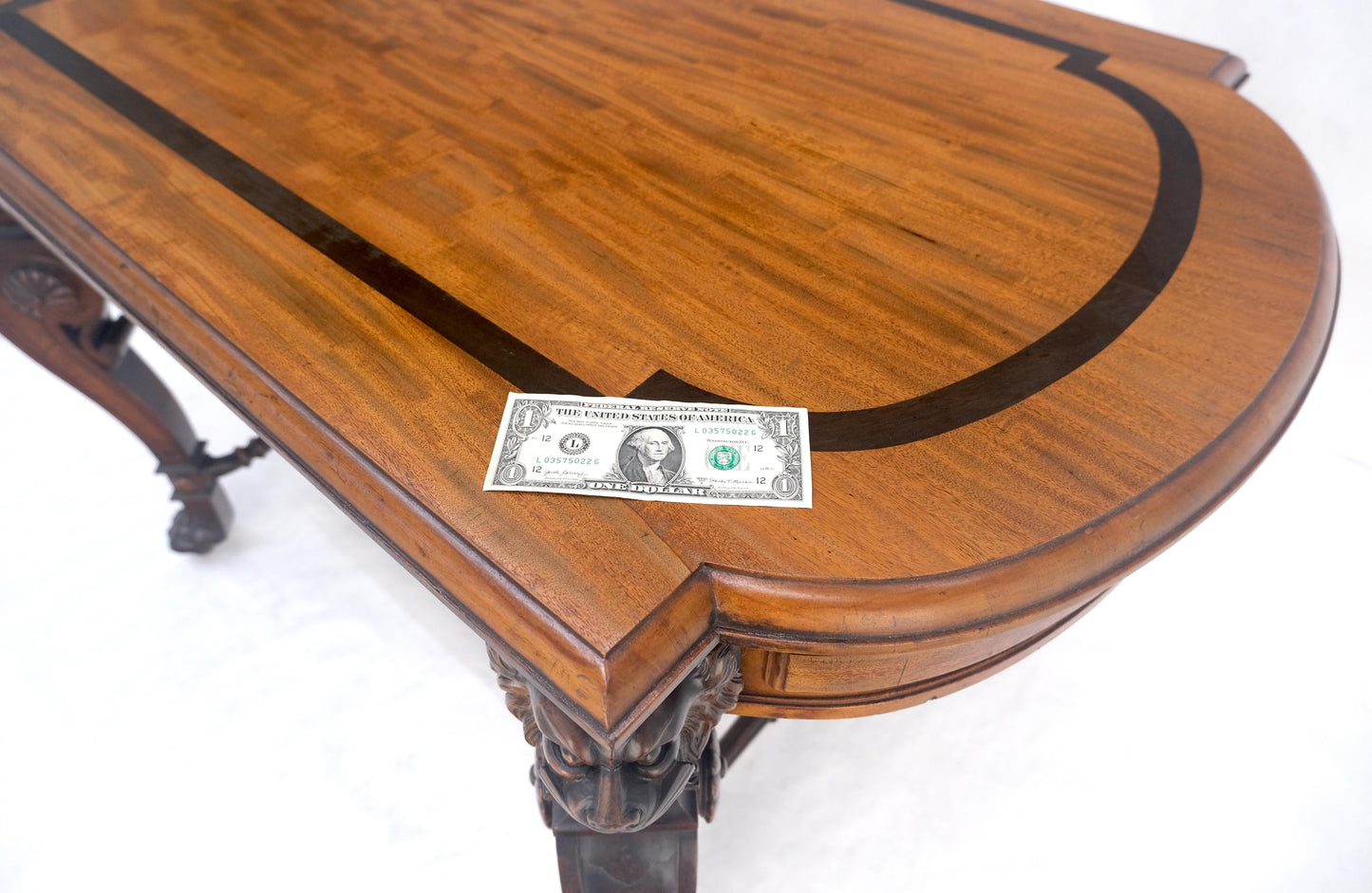 EstablishedLines Carved Lion Face & Foot Legs Renaissance Revival Inlaid Walnut Center Table MINT