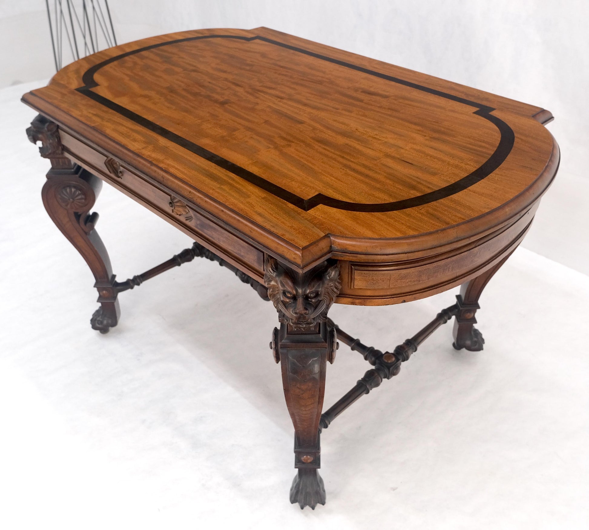 EstablishedLines Carved Lion Face & Foot Legs Renaissance Revival Inlaid Walnut Center Table MINT