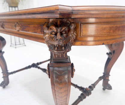EstablishedLines Carved Lion Face & Foot Legs Renaissance Revival Inlaid Walnut Center Table MINT