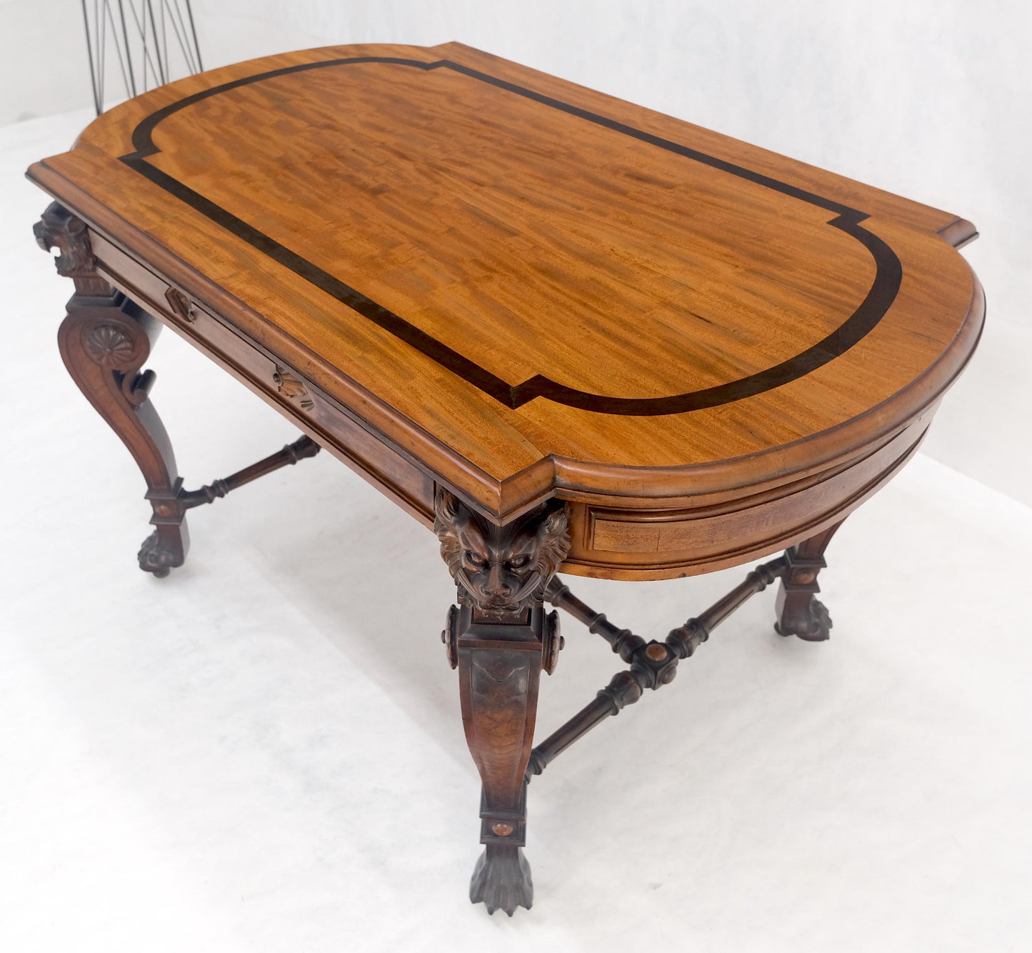 EstablishedLines Carved Lion Face & Foot Legs Renaissance Revival Inlaid Walnut Center Table MINT