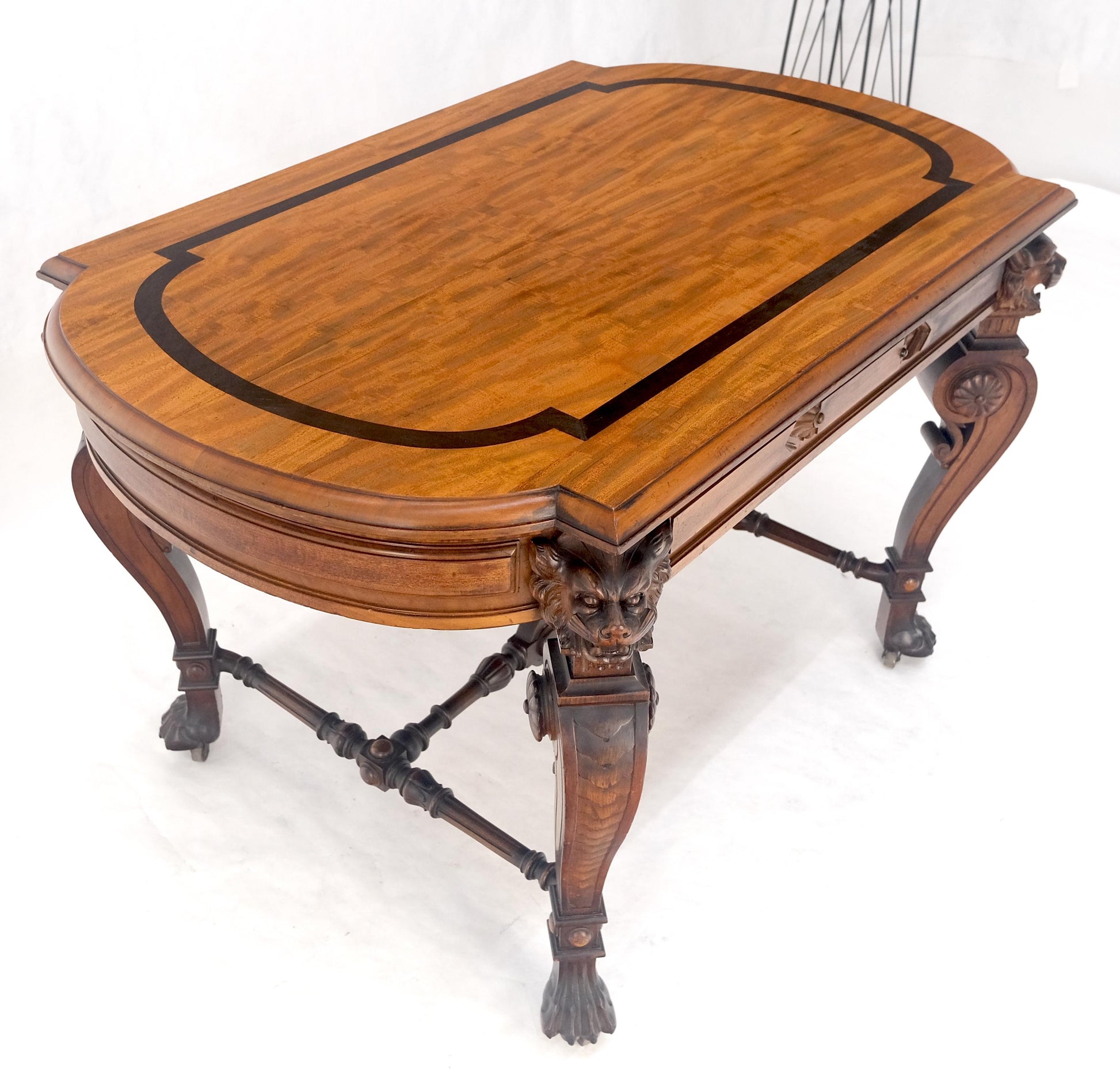 EstablishedLines Carved Lion Face & Foot Legs Renaissance Revival Inlaid Walnut Center Table MINT