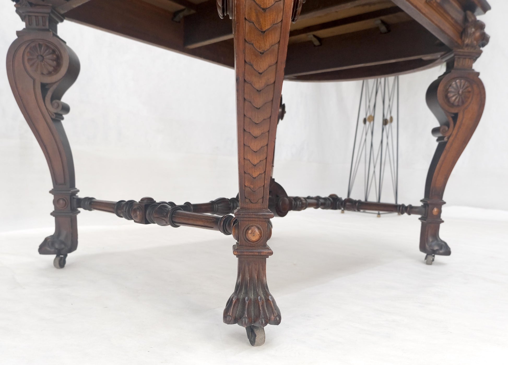 EstablishedLines Carved Lion Face & Foot Legs Renaissance Revival Inlaid Walnut Center Table MINT