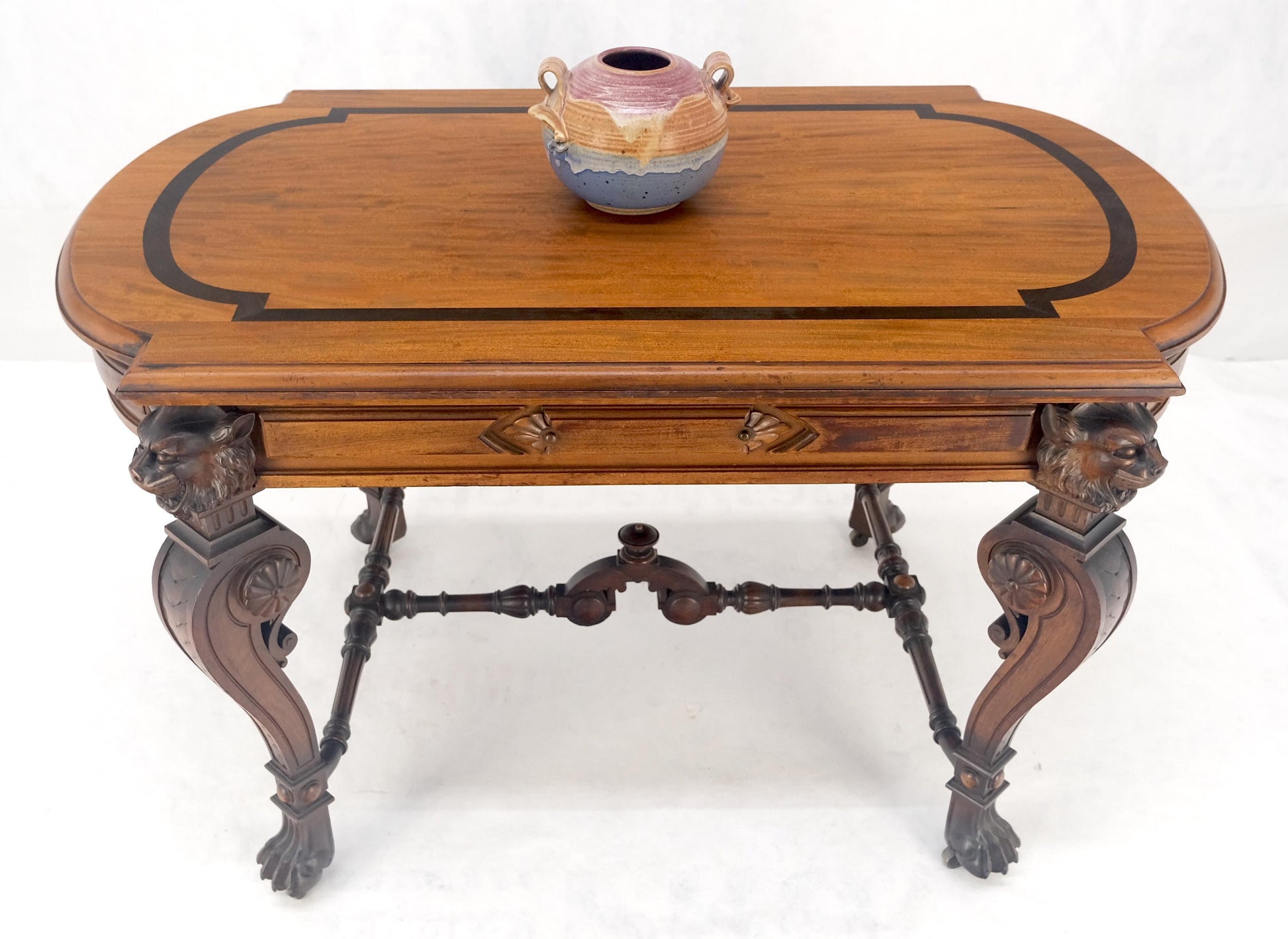 EstablishedLines Carved Lion Face & Foot Legs Renaissance Revival Inlaid Walnut Center Table MINT
