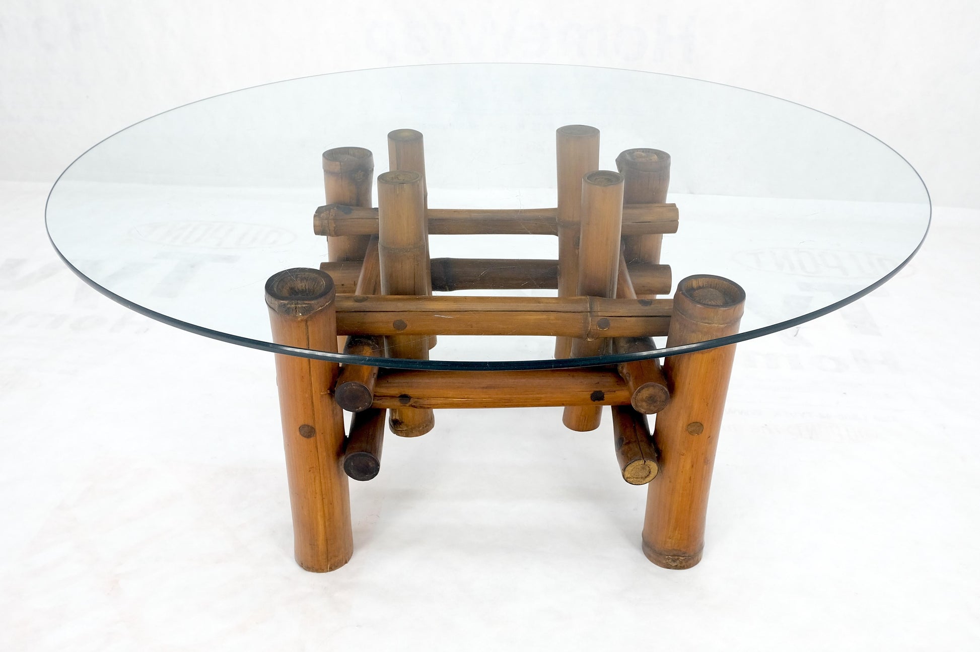 EstablishedLines Mid Century Modern Round Glass Top Thick Diameter Bamboo Base Coffee Table MINT