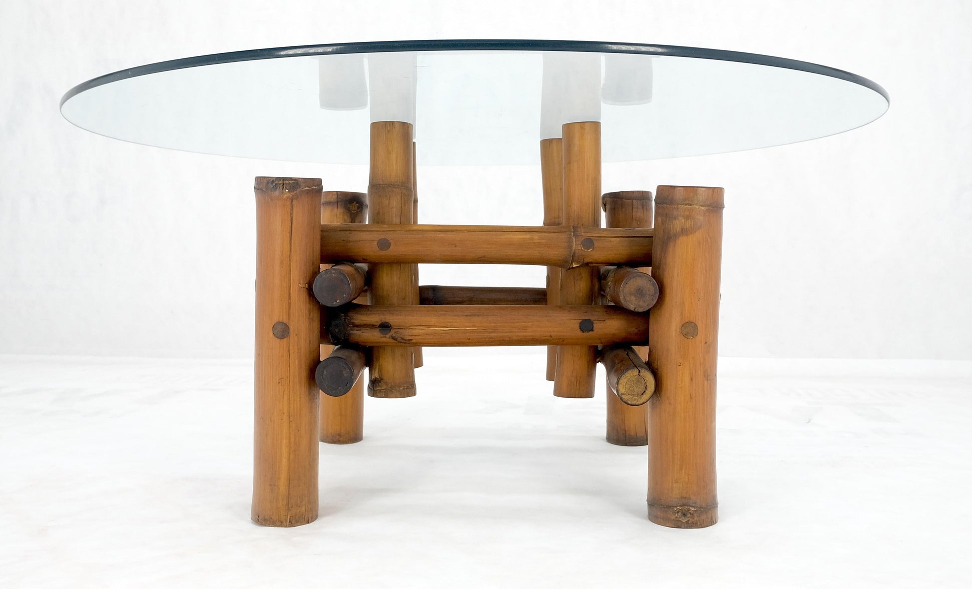 EstablishedLines Mid Century Modern Round Glass Top Thick Diameter Bamboo Base Coffee Table MINT