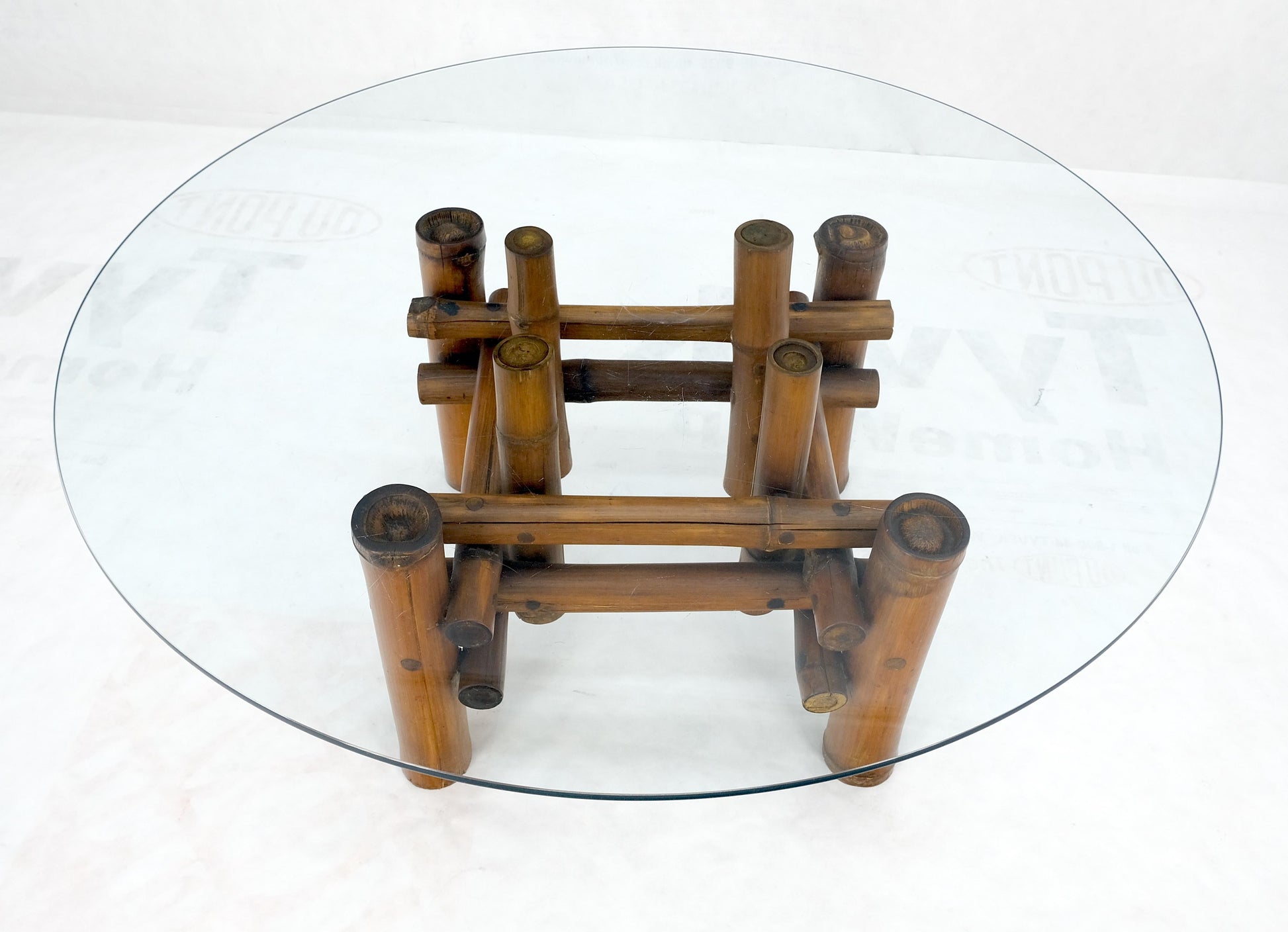 EstablishedLines Mid Century Modern Round Glass Top Thick Diameter Bamboo Base Coffee Table MINT