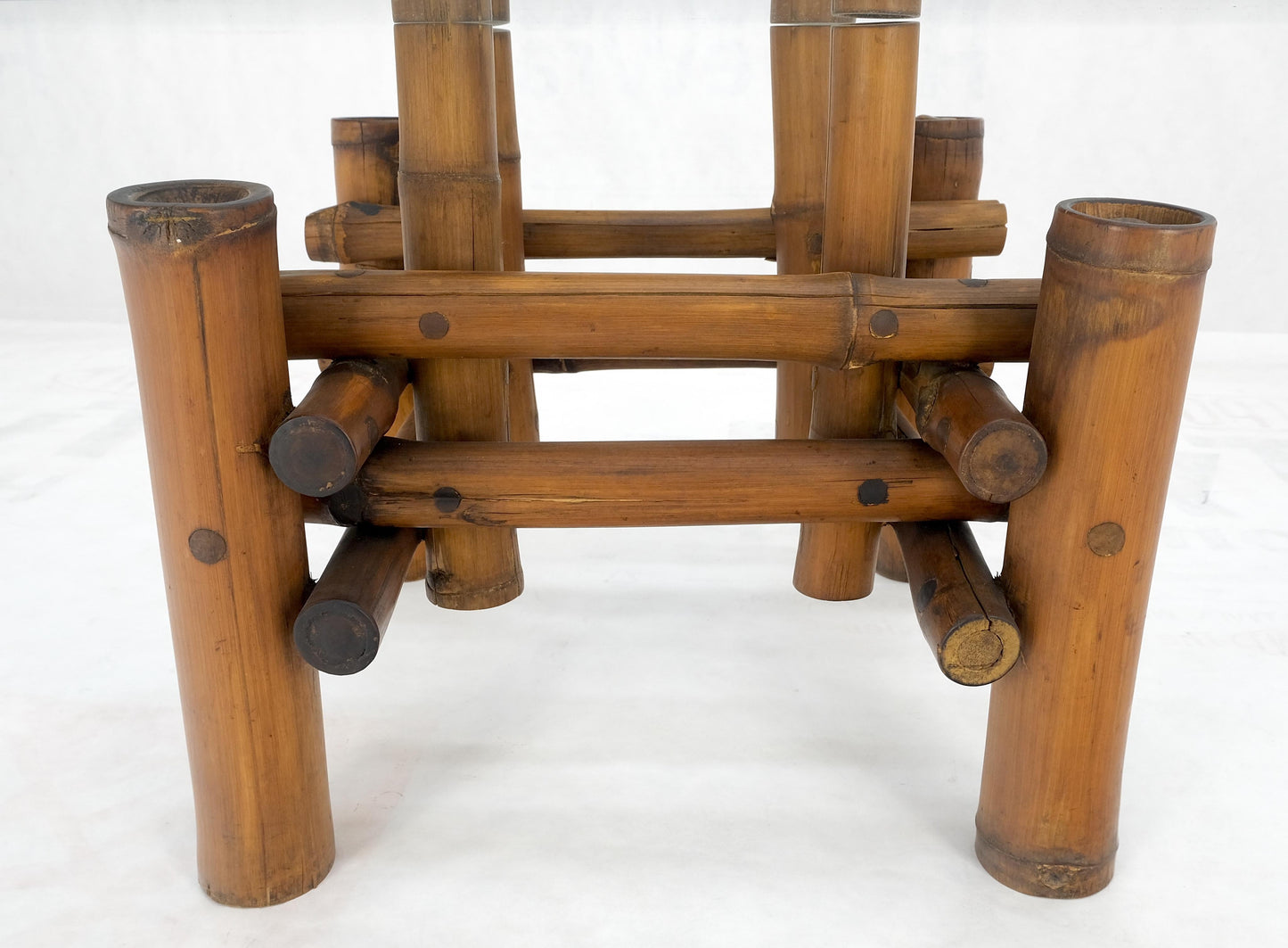 EstablishedLines Mid Century Modern Round Glass Top Thick Diameter Bamboo Base Coffee Table MINT