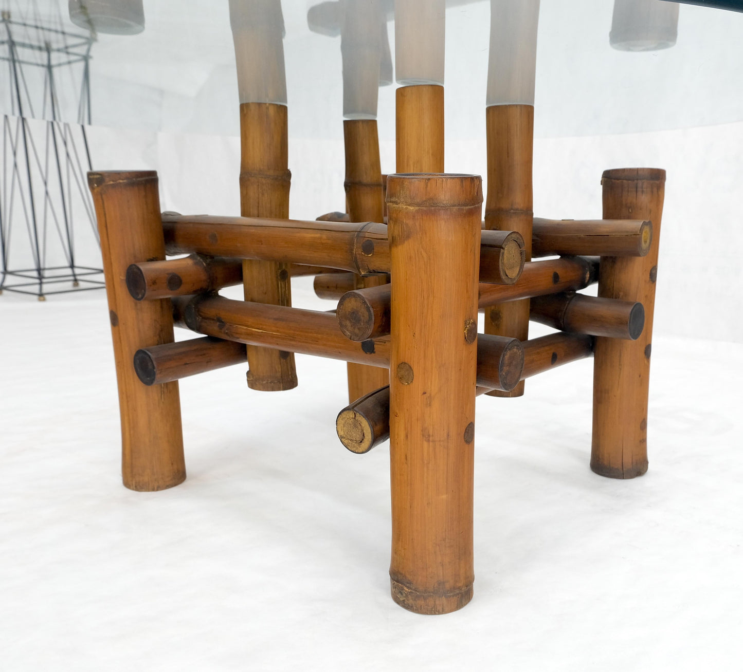 EstablishedLines Mid Century Modern Round Glass Top Thick Diameter Bamboo Base Coffee Table MINT