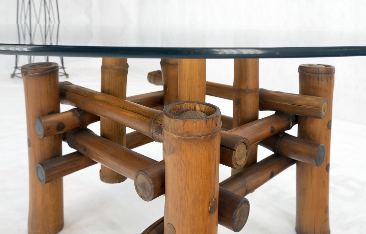 EstablishedLines Mid Century Modern Round Glass Top Thick Diameter Bamboo Base Coffee Table MINT
