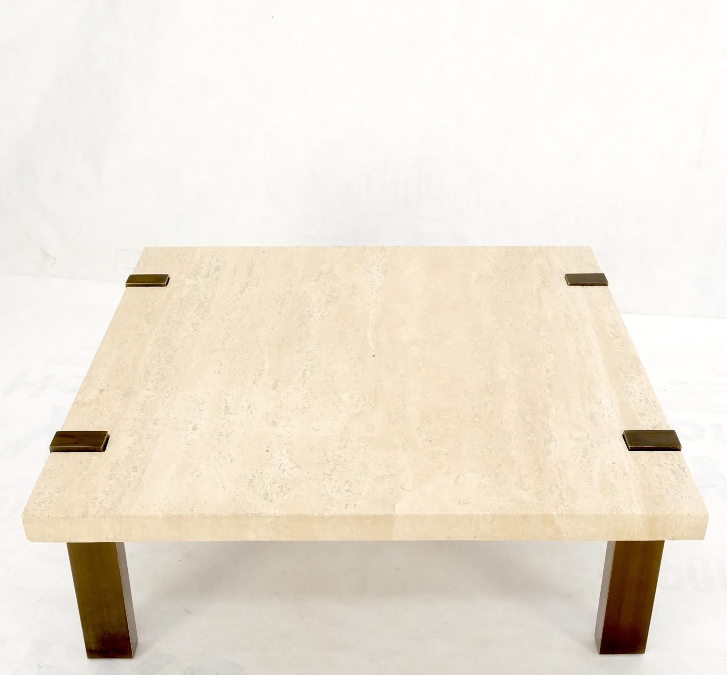 EstablishedLines Solid Bronze Base Thick Square Solid Travertine Top Coffee Center Table Mint!