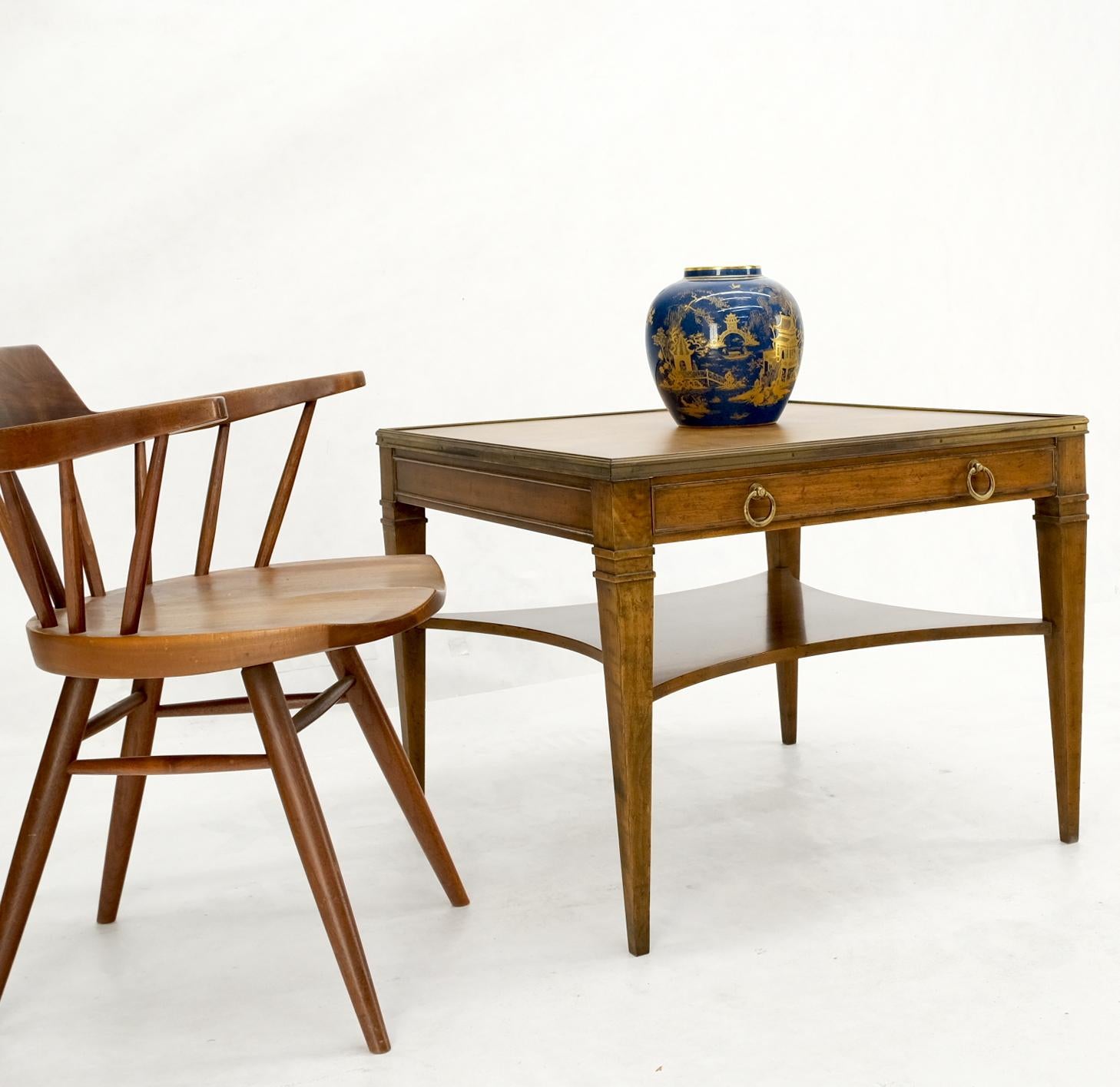EstablishedLines Baker Burl Walnut Square Brass Gallery Top Drawer Side Lamp Table Night Stand