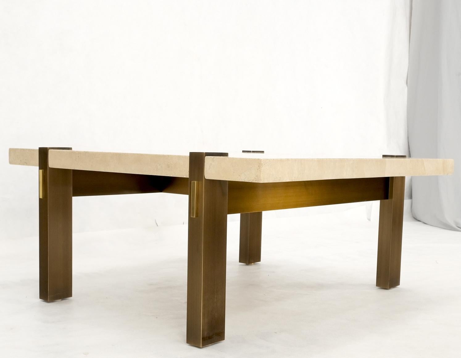 EstablishedLines Solid Bronze Base Thick Square Solid Travertine Top Coffee Center Table Mint!
