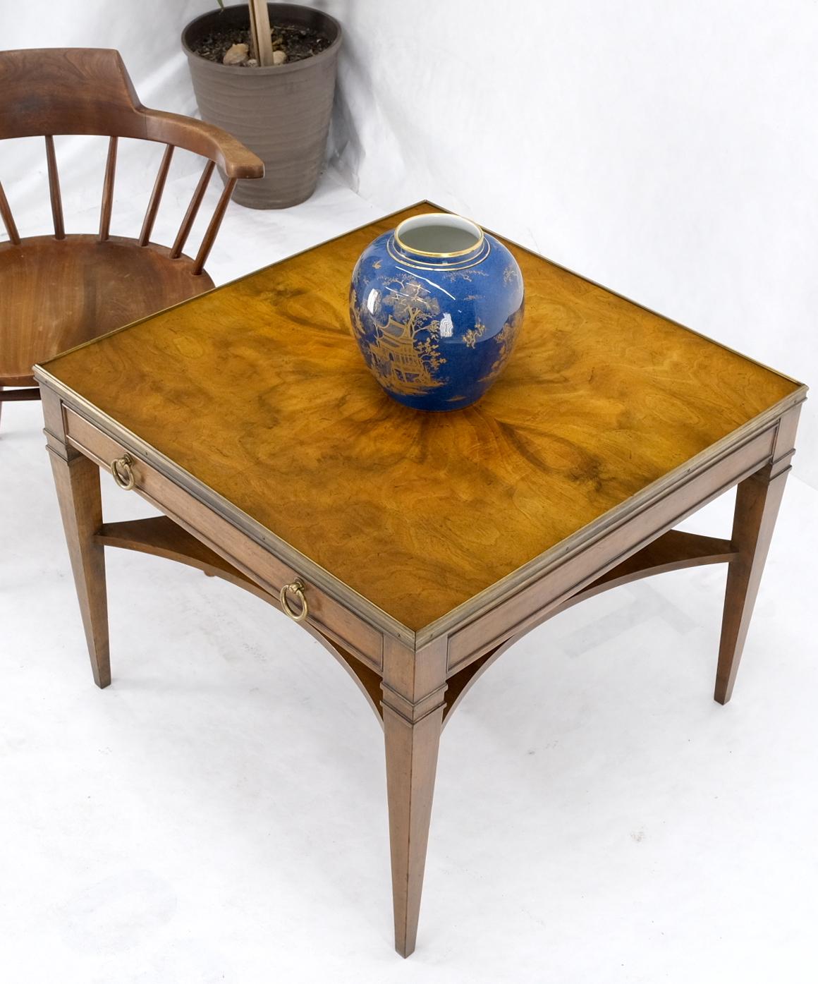 EstablishedLines Baker Burl Walnut Square Brass Gallery Top Drawer Side Lamp Table Night Stand